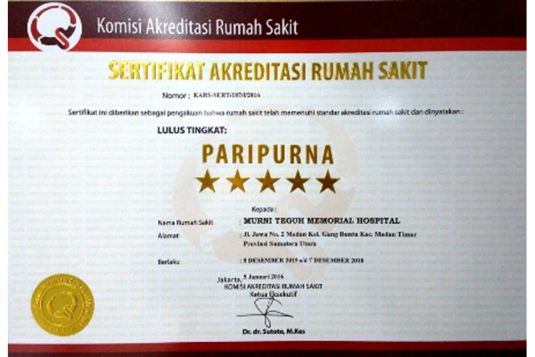 Murni Teguh Memorial Hospital pada tanggal 05 Januari 2016 telah dinyatakan lulus Akreditasi KARS